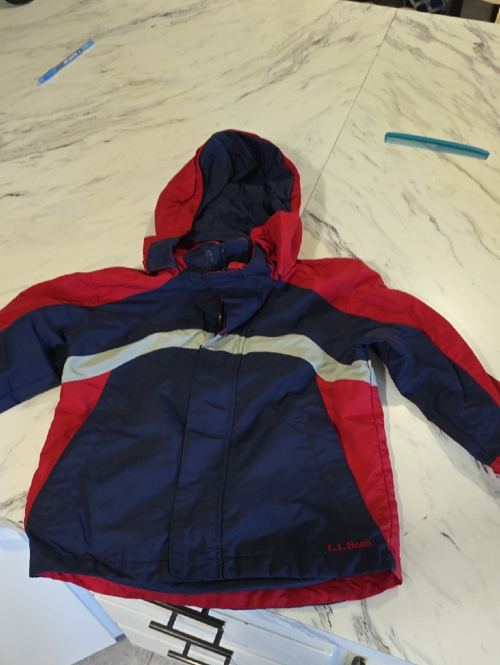 L.L. Bean Kids' Navy and Red Hooded Raincoat with Reflective Stripe